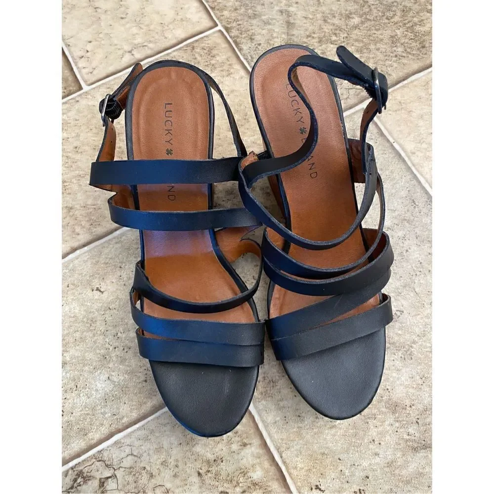 Lucky Brand Womens Larinaa Platform Wedge Sandals Black Ankle Strap Buckle 9.5